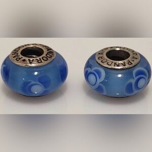 Pandora Retired Blue Floral Murano Glass Charm Pair Authentic